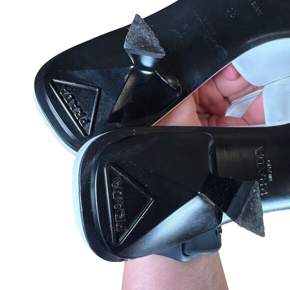 Prada White Spazzolato Triangle Logo 55M Pointed Toe Mules Heels Size 39 - Picture 13 of 13